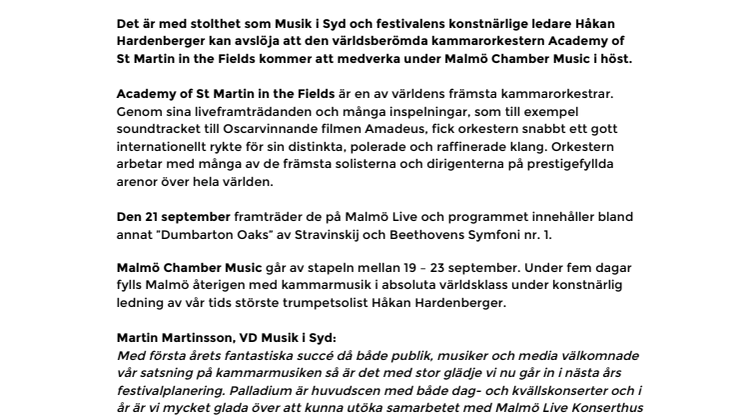 Academy of St Martin till Malmö Chamber Music