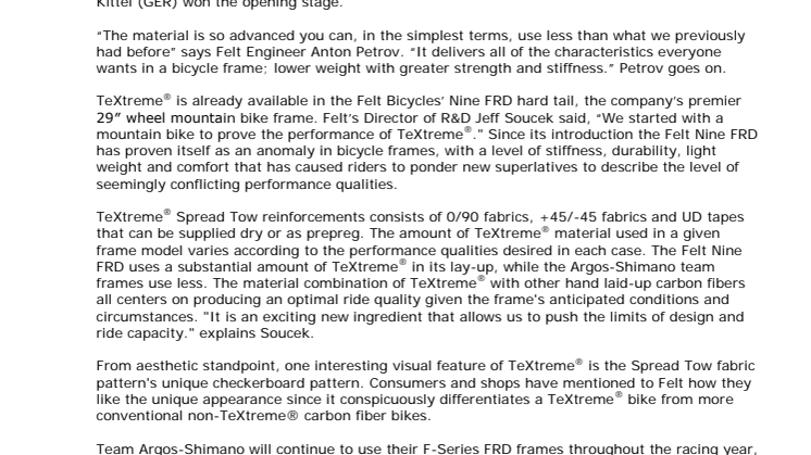 Felt F-Series FRD TeXtreme® bicycle frame debuts with Argos-Shimano Pro Cycling Team