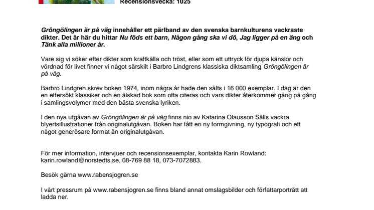 Efterlängtad nyutgåva av Barbro Lindgrens klassiska diktsamling ”Gröngölingen är på väg”  