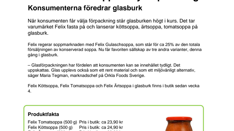 Felix lanserar soppor i ny förpackning - Konsumenterna föredrar glasburk