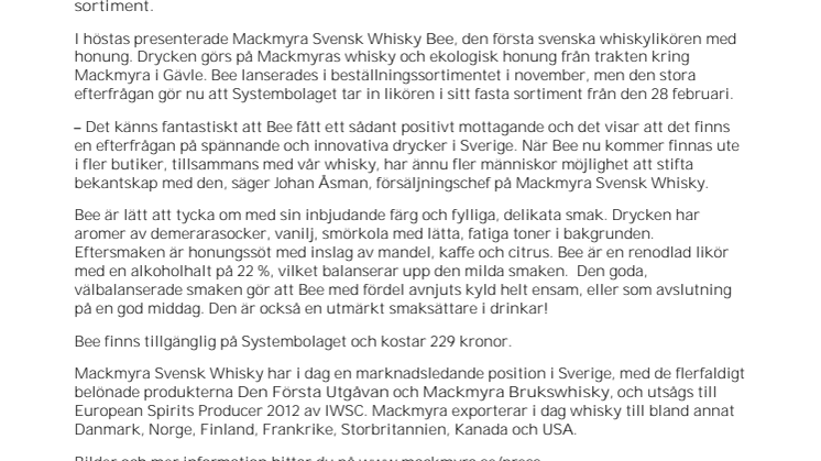 Mackmyra Bee tar plats i Systembolagets fasta sortiment
