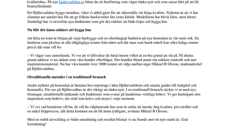 HJÄLTEVADSHUS AVSLUTAR ÅRET MED  REKORDFÖRSÄLJNING OCH NY HUSSIDA