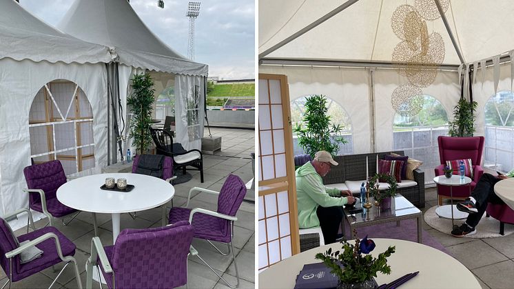 VIP-tältet vid Klostergården har ställts i ordning med hjälp av Erikshjälpen. Cirkulär ekonomi i ett trivsamt format.