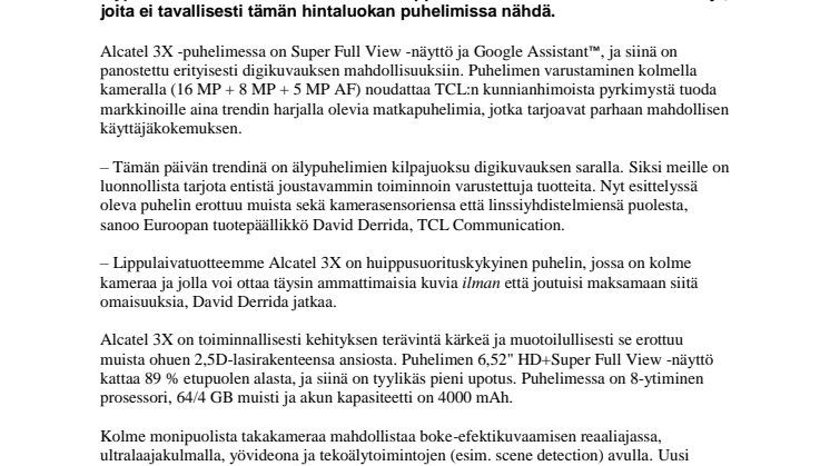 TCL Communication tuo markkinoille uuden tehokkaan Alcatel 3X -puhelimen superedulliseen hintaan