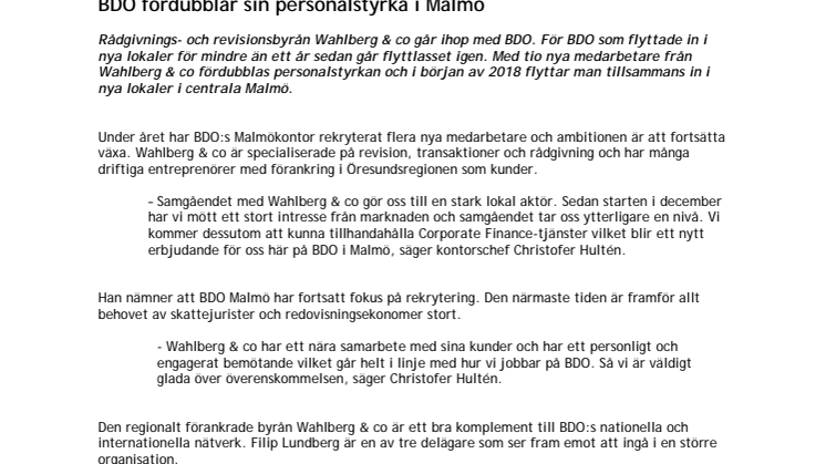 BDO fördubblar sin personalstyrka i Malmö