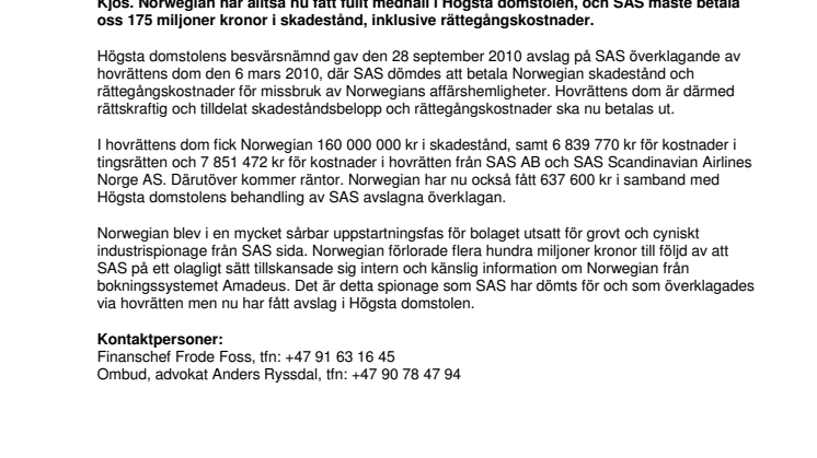 SAS måste betala Norwegian 175 miljoner för industrispionage