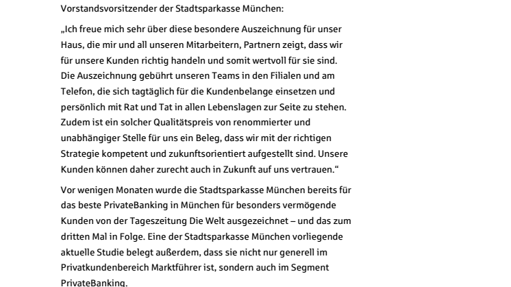 Die Stadtsparkasse München ist die Nummer 1 bei der Privatkundenberatung in ganz Deutschland