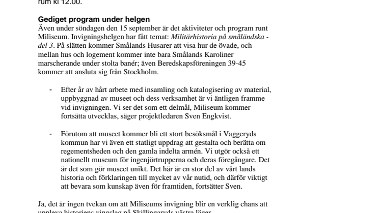 PRESSMEDDELANDE / INBJUDAN - Invigning av Miliseum 14 september