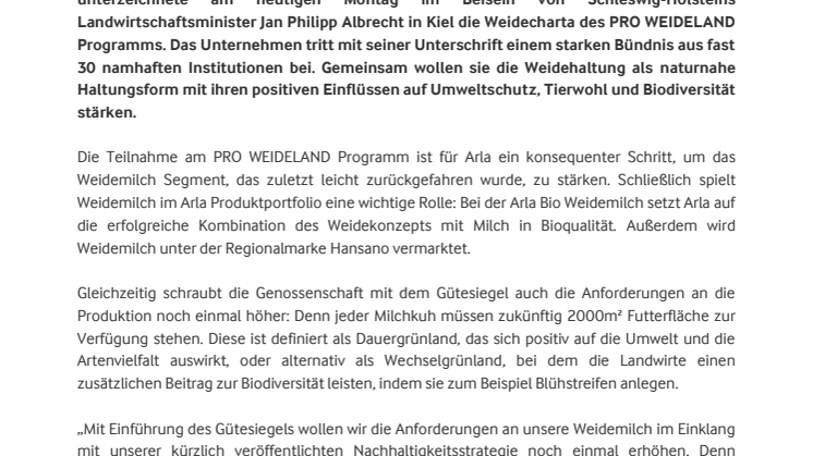 Arla Foods unterzeichnet Weidecharta des PRO WEIDELAND Programms