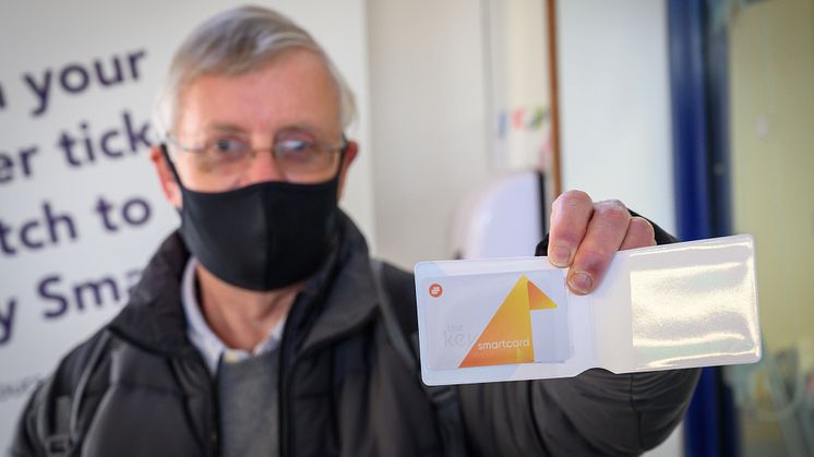 Neil Middleton, of Rail Future Hertfordshire and Bedfordshire, is issued with a free key smartcard at Hitchin station 2