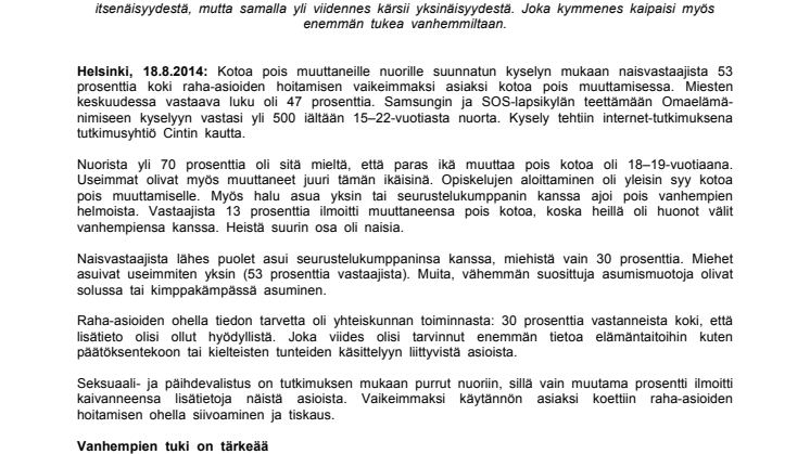 Kysely: omaan kotiin muuttavat nuoret kaipaavat tukea raha-asioissa