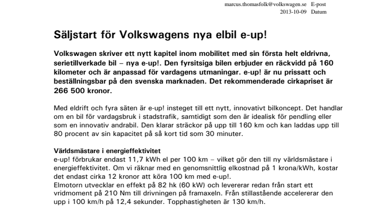 Säljstart för Volkswagens nya elbil e-up!