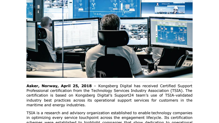 Kongsberg Digital: Industry best practice certification awarded to Kongsberg Digital’s customer support operations