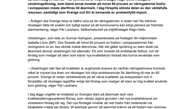 Slamutredningen klar: Ragn-Sells välkomnar krav på återföring av fosfor ur avloppsslam