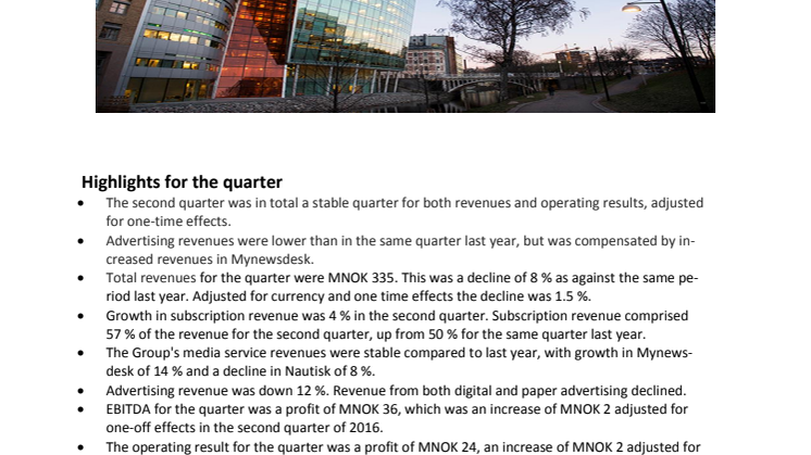 NHST Media Group - Quarterly Report 2nd quarter 2017