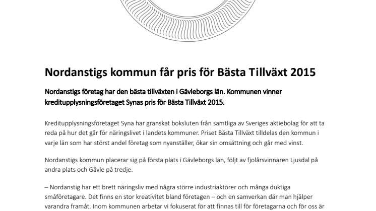Nordanstigs kommun får pris för Bästa Tillväxt 2015