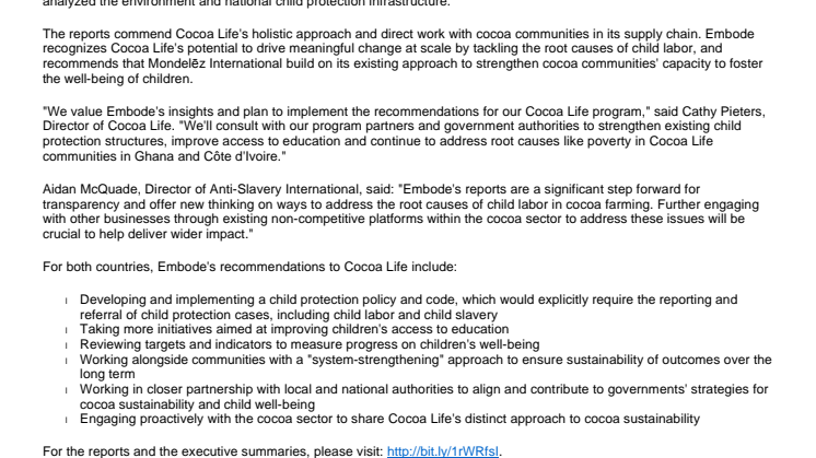 Mondelez International Strengthens Efforts to Address Child Labor in Cocoa Production