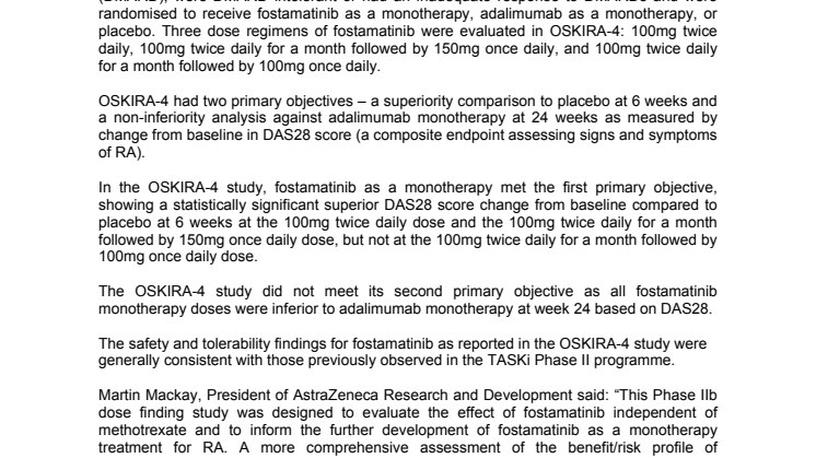 AstraZeneca meddelar idag topline-resultat i OSKIRA-4 fas 2b studien av Fostamatinib som monoterapi vid ledgångsreumatism