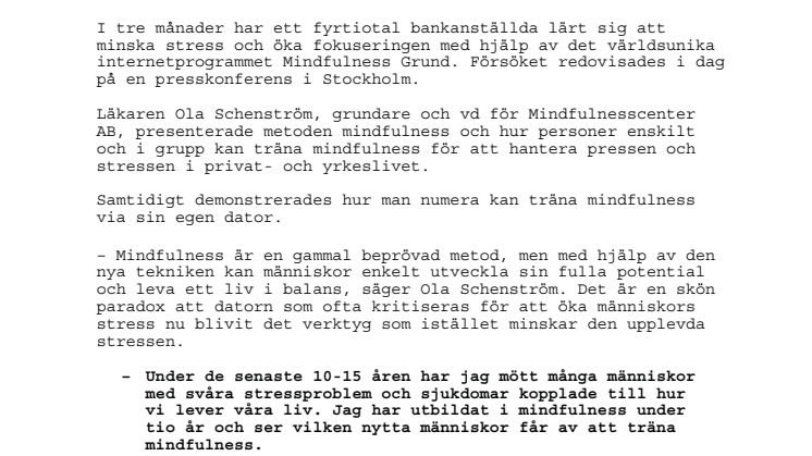 Nytt internetprogram i mindfulness minskar bankanställdas stress.