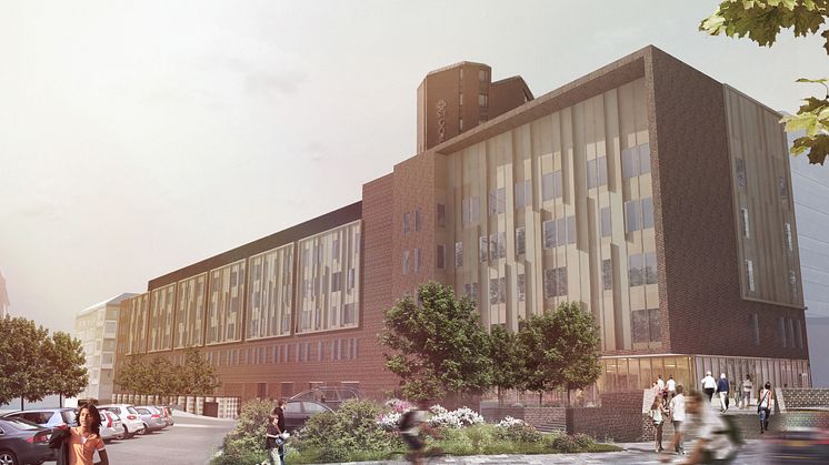 Syntolkning: arkitektbild exteriör S:t Görans sjukhus