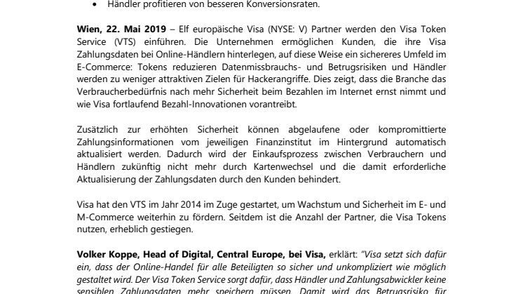Elf neue Partner führen Visa Token Service in Europa ein:  E-Commerce-Zahlungen werden noch sicherer