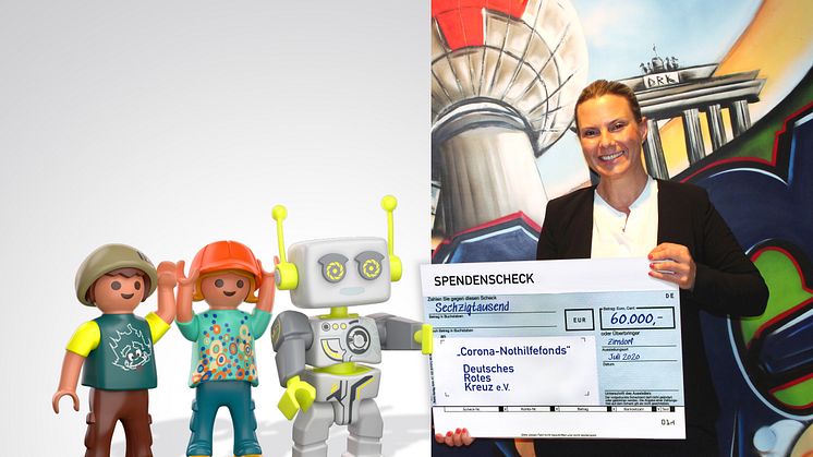 Der digitale Roboter ROBert übergibt den Scheck virtuell  an Meike Nelles, Bereichsleiterin Marketing, Kommunikation und Fundraising beim DRK Generalsekretariat.