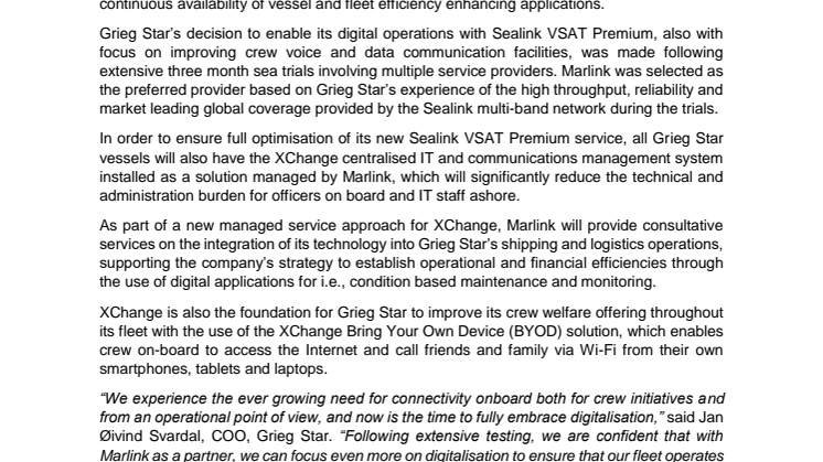 Marlink: Grieg Star selects Sealink VSAT as pathway to fleet digitalisation 