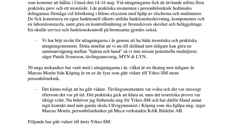 Uttagningarna inför Yrkes-SM 2014 är i full gång 
