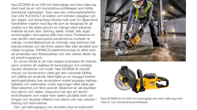 VÄRDLDSPREMIÄR - Dewalt lanserar betongkap med nya superbatteriet 54V 