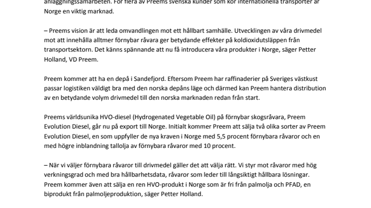 Preem etablerar verksamhet i Norge 