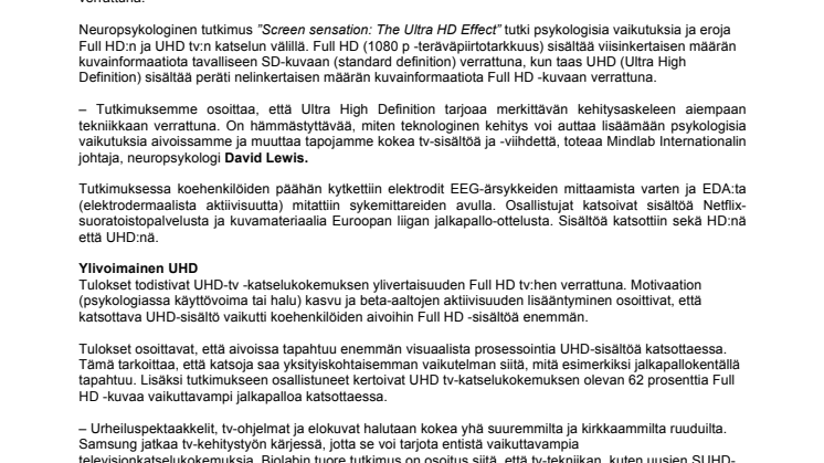 Tutkimus: UHD pitää televisiokatselijan otteessaan tiukemmin kuin ennen