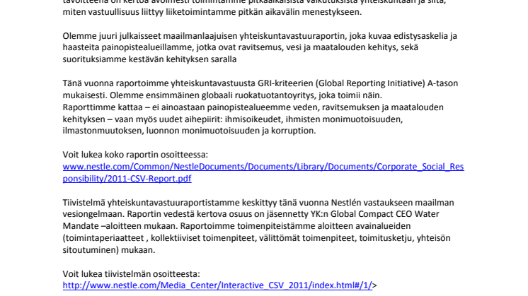 Nestlén 2011 yhteiskuntavastuuraportille GRI A-luokitus