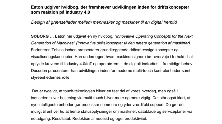 Eaton udgiver hvidbog, der fremhæver udviklingen inden for driftskoncepter som reaktion på Industry 4.0
