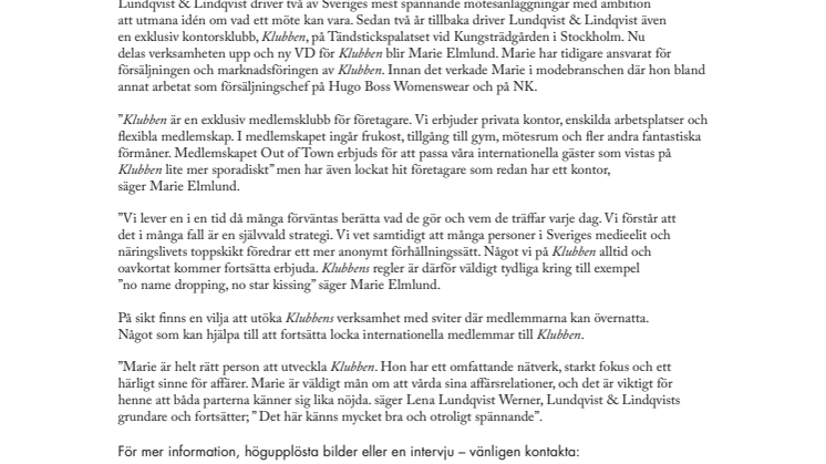 Den exklusiva kontorsklubben på Tändstickspalatset  får ny kvinnlig VD