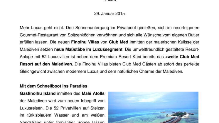 Club Med Resort Finolhu Villas auf den Malediven feiert Eröffnung