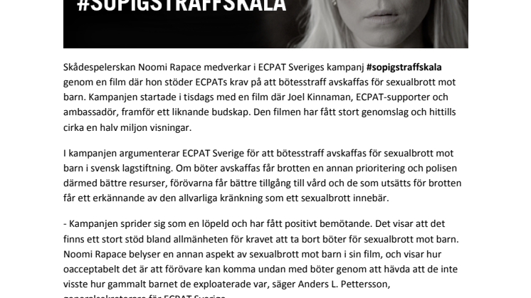 Noomi Rapace stöder ECPAT Sveriges kampanj i ny film