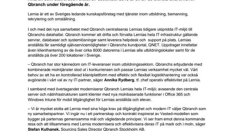 LERNIA VÄLJER QBRANCH SOM NY OUTSOURCINGPARTNER