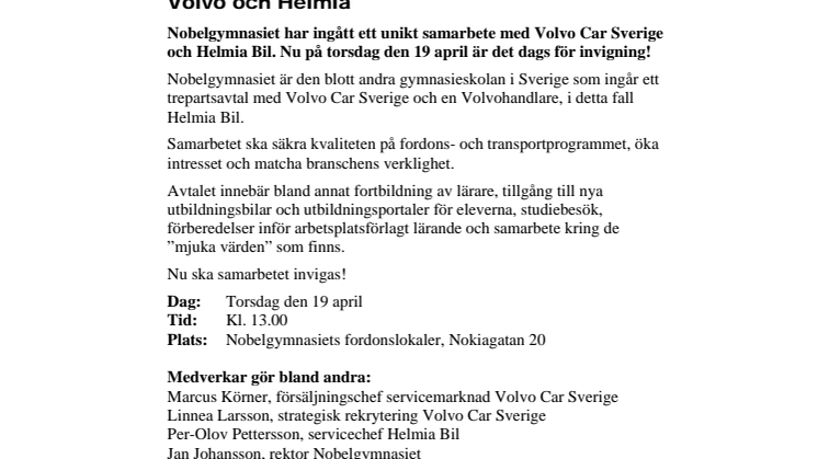 Pressinbjudan: Invigning av Nobelgymnasiets samarbete med Volvo och Helmia