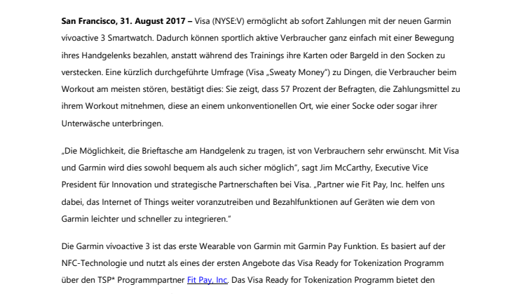 Visa integriert bequemes und sicheres Bezahlen in die Garmin® vívoactive 3 Smartwatch 