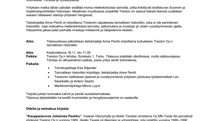 Kutsu kirjanjulkistustilaisuuteen: TRESTON OY, Tarina 1960-luvulla aloittaneesta startup-yrityksestä 
