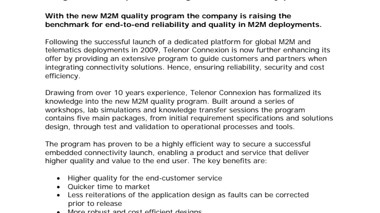 Telenor Connexion launches a unique M2M Quality Program to complement its global connectivity platform 