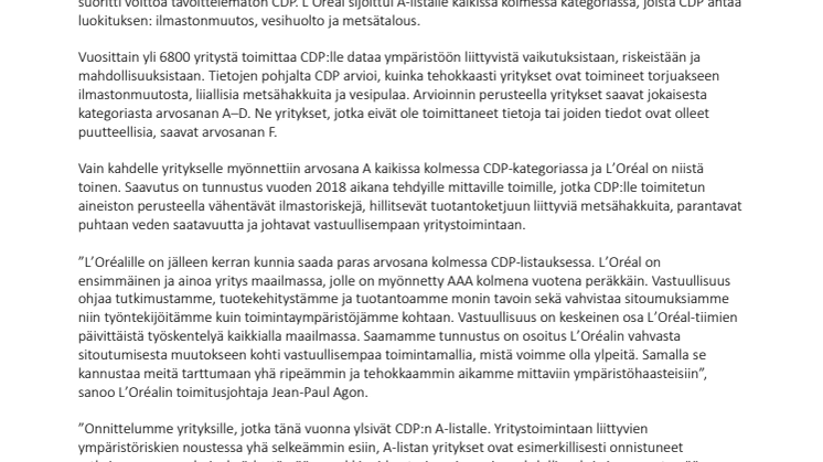 L'Oréalille huippusijoitus CDP-ympäristövastuullisuusarvioinnissa