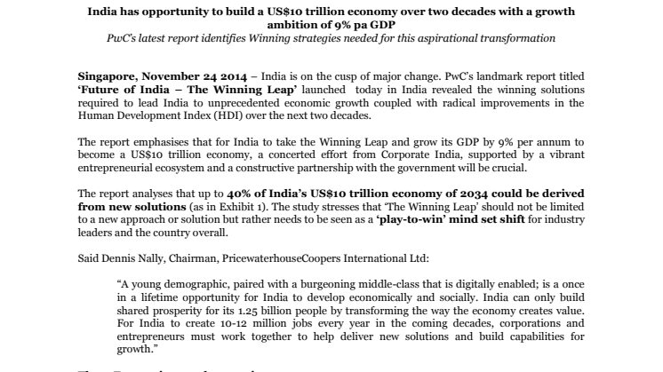 India has opportunity to build a US$10 trillion economy over two decades with a growth ambition of 9% pa GDP