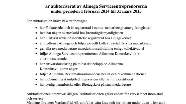 Intyg Auktoriserad Serviceentreprenör inom hemstädning