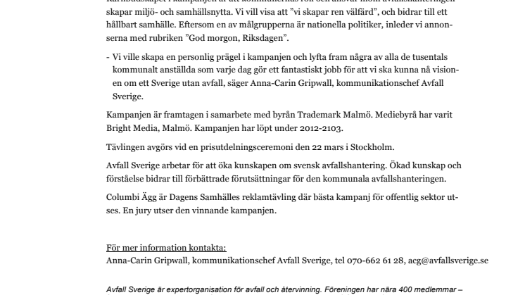 Avfall Sverige nominerat till Columbi Ägg