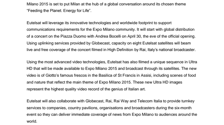 T-minus 15 days to Expo Milano 2015 – Eutelsat gearing up to bring its skills as official sponsor and exclusive satellite partner
