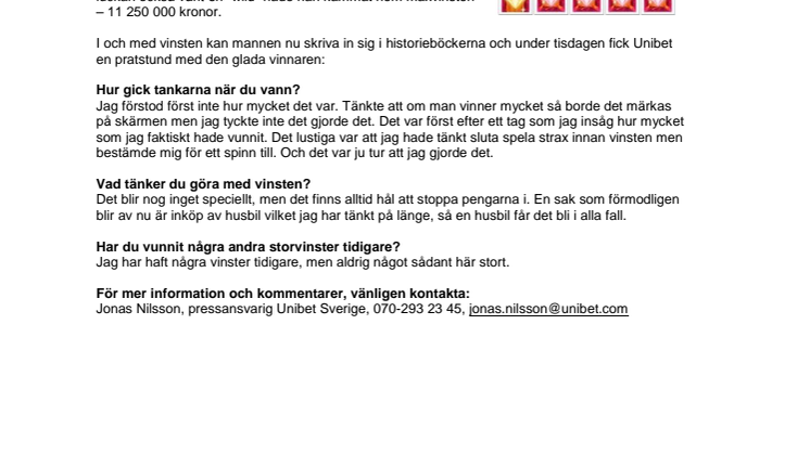 50-årig man från Mellansverige historisk rekordvinnare på Unibets casino