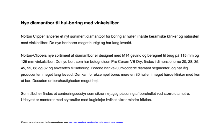 Nye diamantbor til hul-boring med vinkelsliber