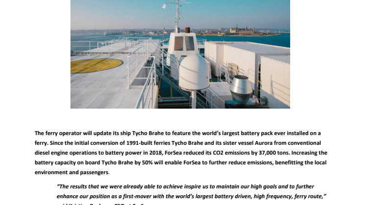 ForSea to upgrade Tycho Brahe with the world’s largest battery pack, extending the vessel lifetime and cutting emissions