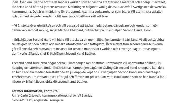 Erikshjälpen Second Hand i Höör blir Miljönär-märkt